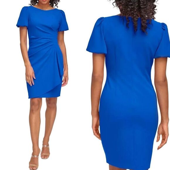 DKNY Ruched Bubble Sleeve Mini Sheath Boatneck Dress Size 4P Cobalt Blue NEW - Picture 2 of 16